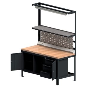 Heavy-duty workstation with lockable drawers, cupboard, steel shelf, LED light, and power sockets. 1200/1500/1800/2000 Wide x 750 Deep x 840 High.