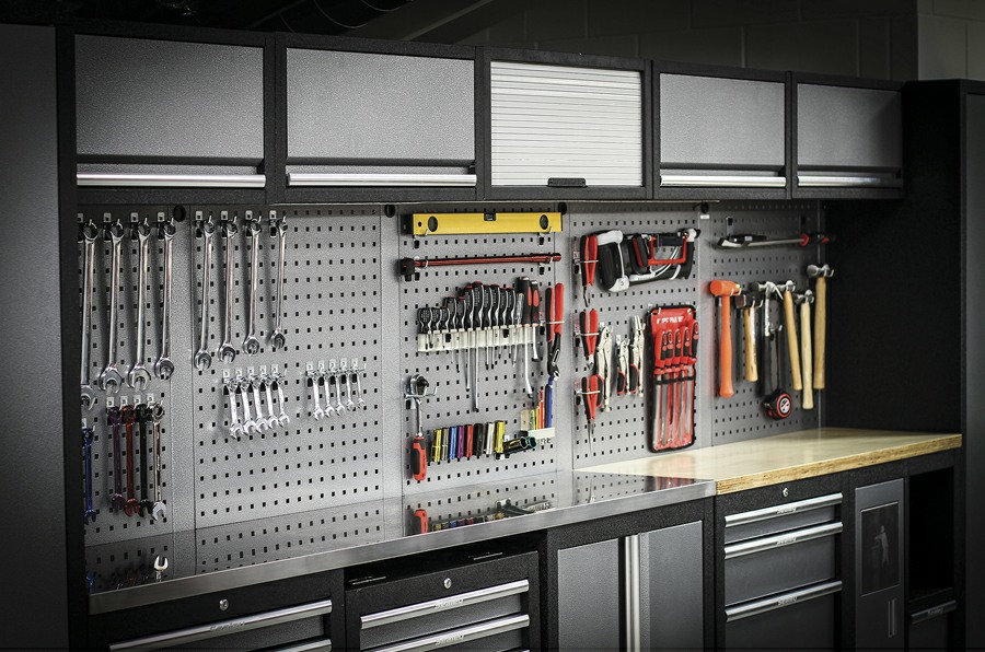 Sealey Superline Pro modular cabinets with tools on panels