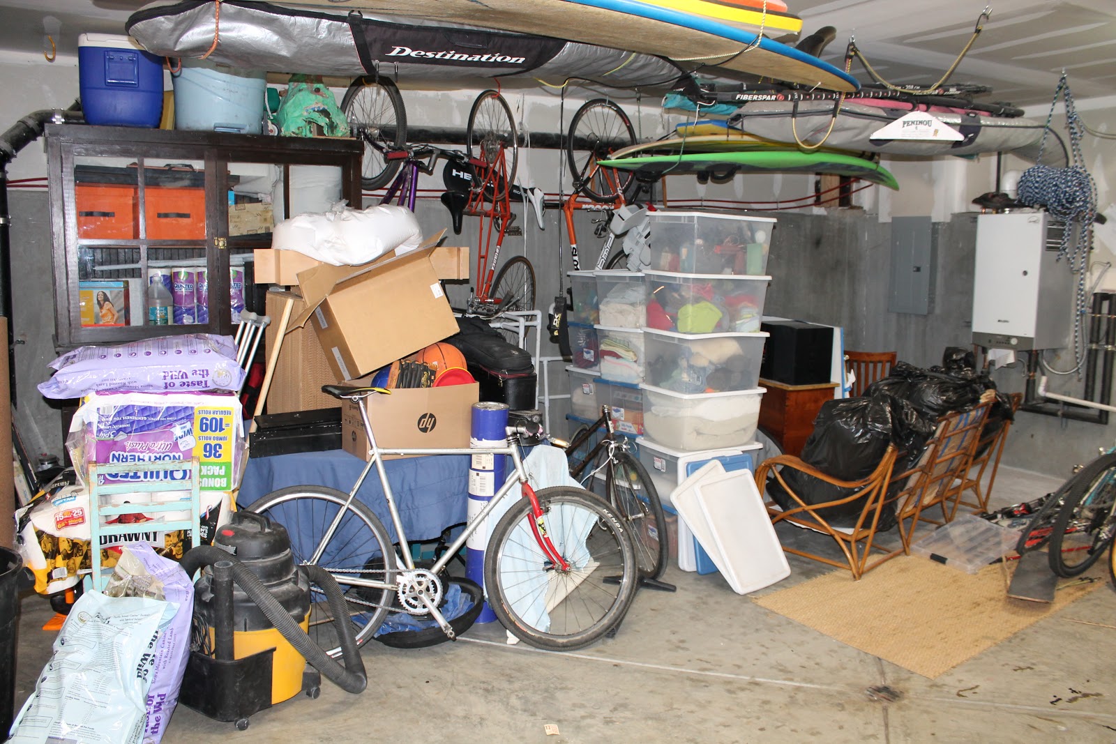 cluttered garage space